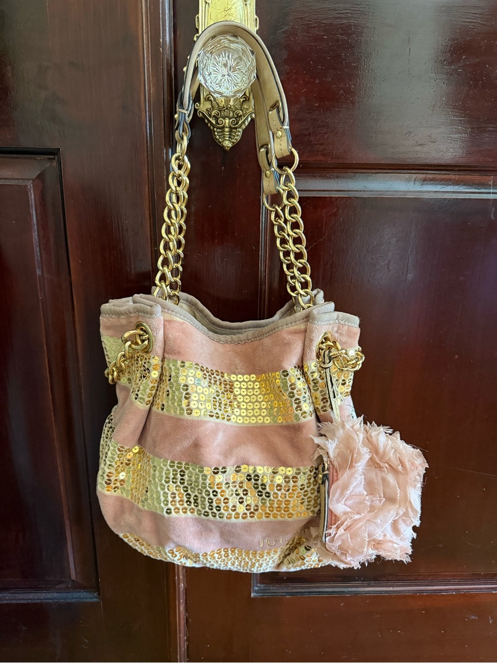 Juicy Couture Pink and Gold Sequin Chain Shoulder Bag with Pom Pom Charm